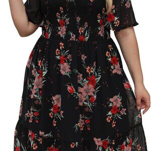 Plus Size Floral Chiffon Dress Smocked Square Neck A-Line for Women